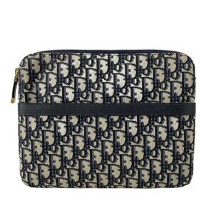 DIOR/ChristianDior Logogram Cream Black Blue Jacquard Leather Clutch Bag
